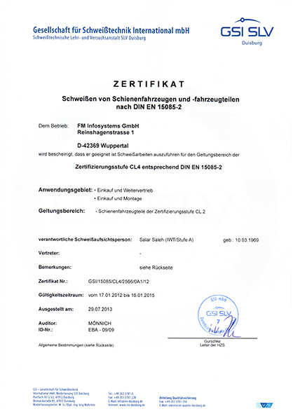 DIN EN 15085-2 Zertifikat CL4 der FM Infosystems GmbH